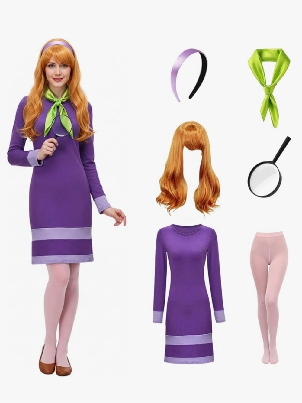 Adult Daphne Purple Mystery Sleuth Costume with Green Scarf and Orange Wig | XL